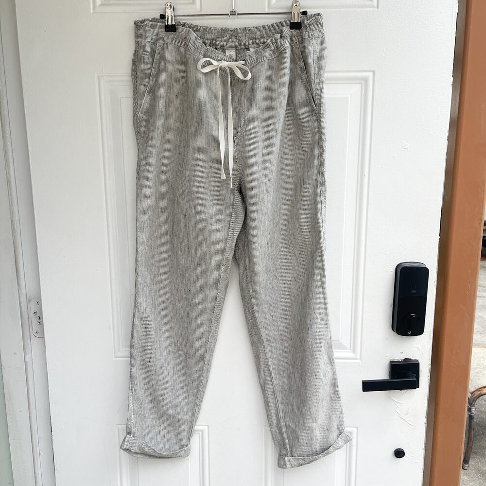 Caslon Women’s Linen Striped Drawstring Pants Size M Gray Cream Relaxed